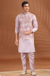 Pink Silk Kurta Pajama with Printed Jacket